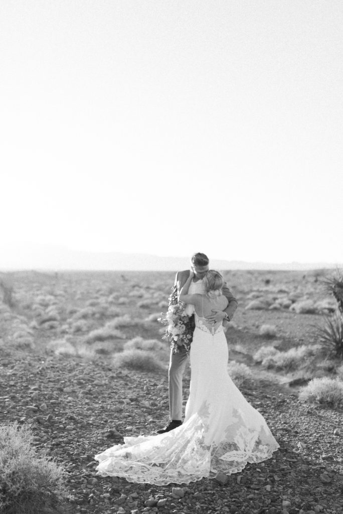 Black and white image of the bride and groom after elopement